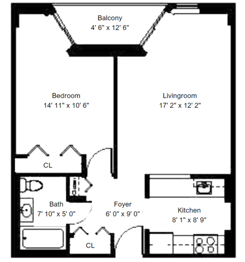 One Bedroom Floorplan at St. Stephen's Tower, Massachusetts